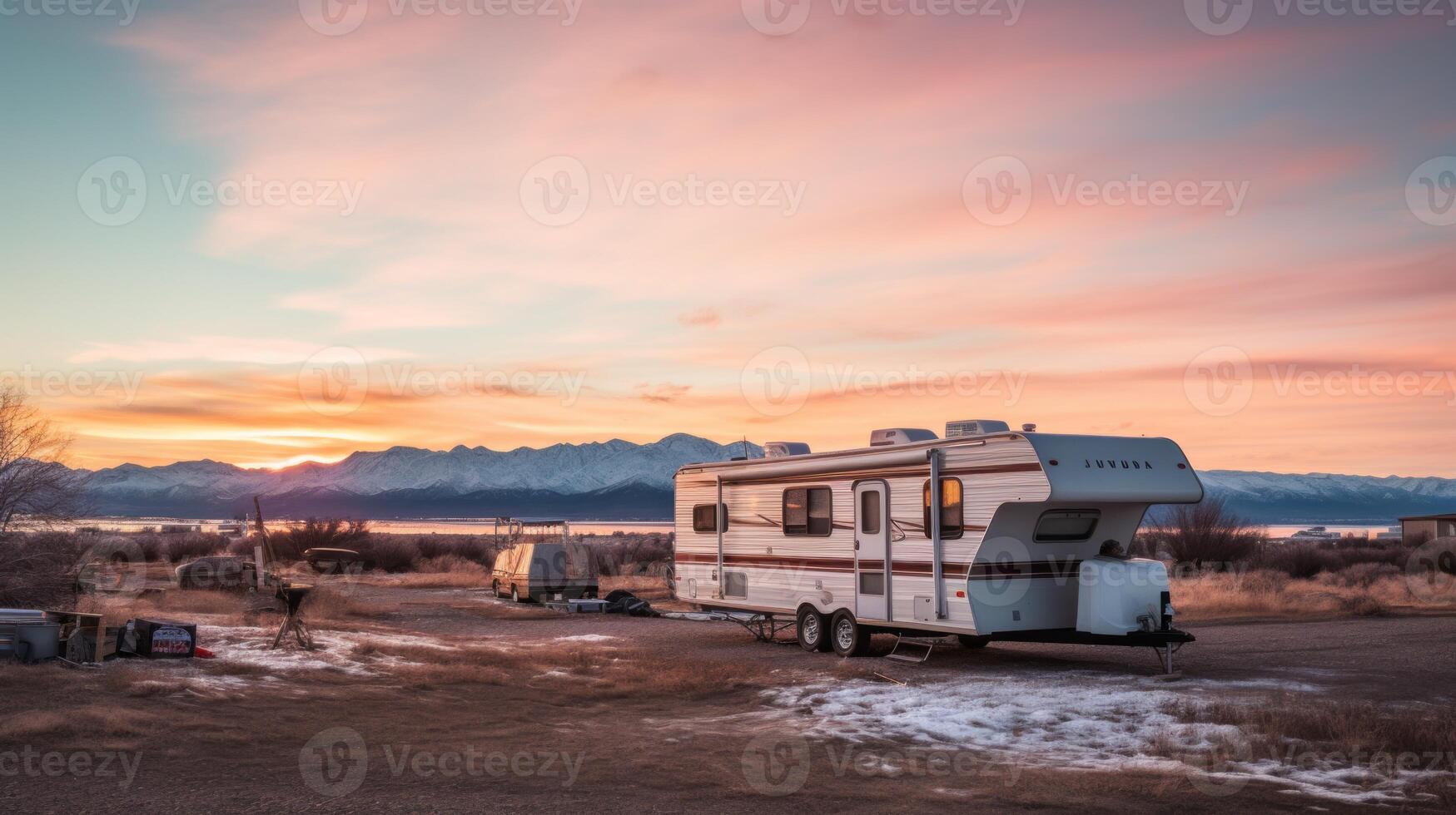 AI generated mobile home at sunset Generative AI photo