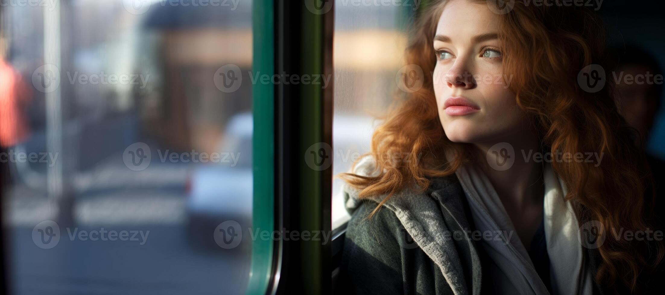 AI generated girl on the train looking out the window Generative AI photo