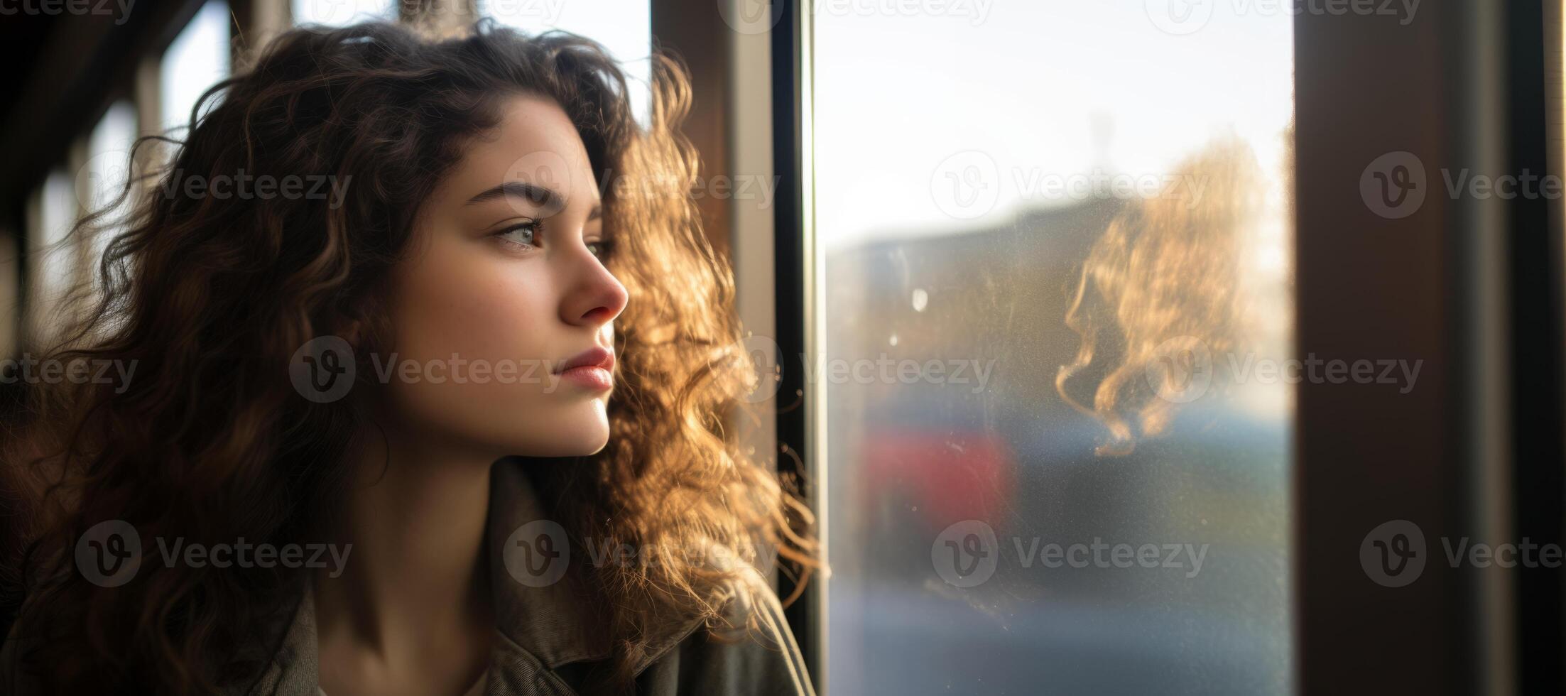 AI generated girl on the train looking out the window Generative AI photo