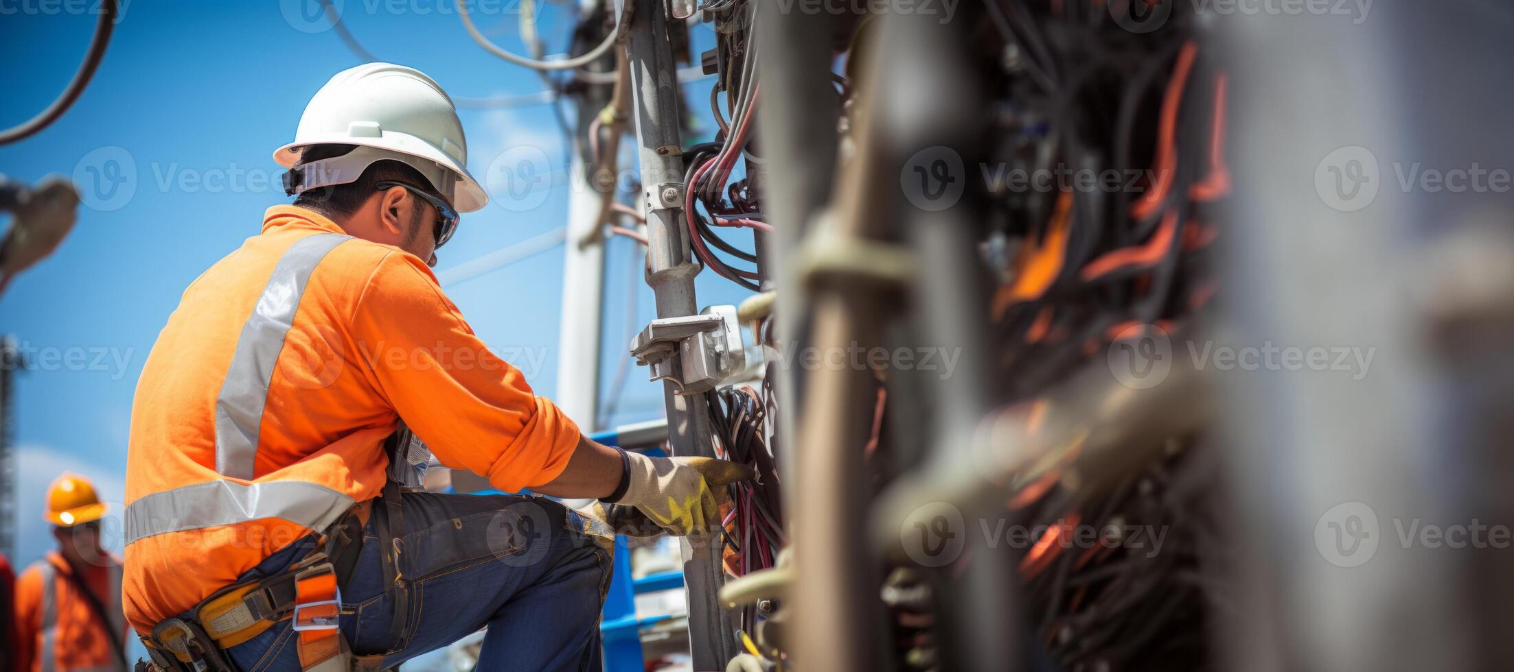 AI generated engineer and power line transformer Generative AI photo