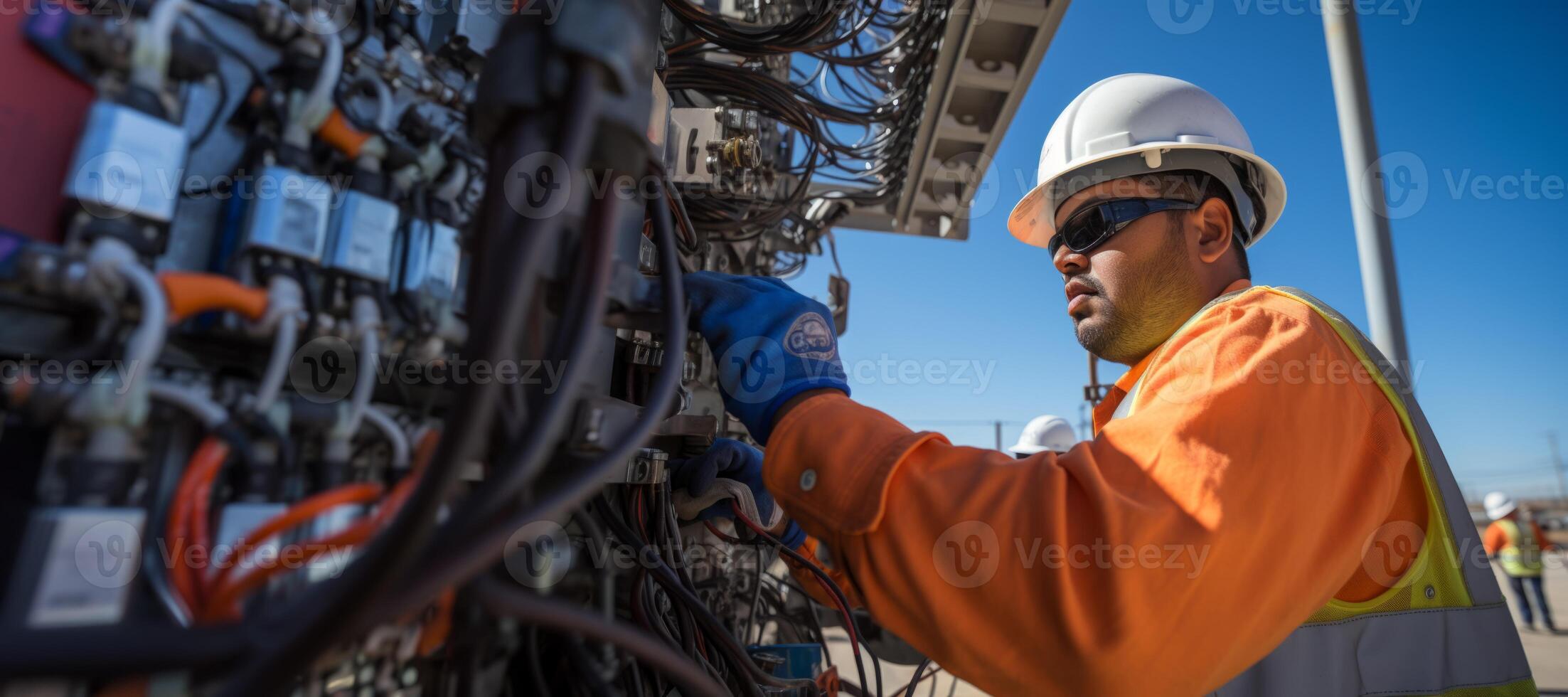 AI generated engineer and power line transformer Generative AI photo
