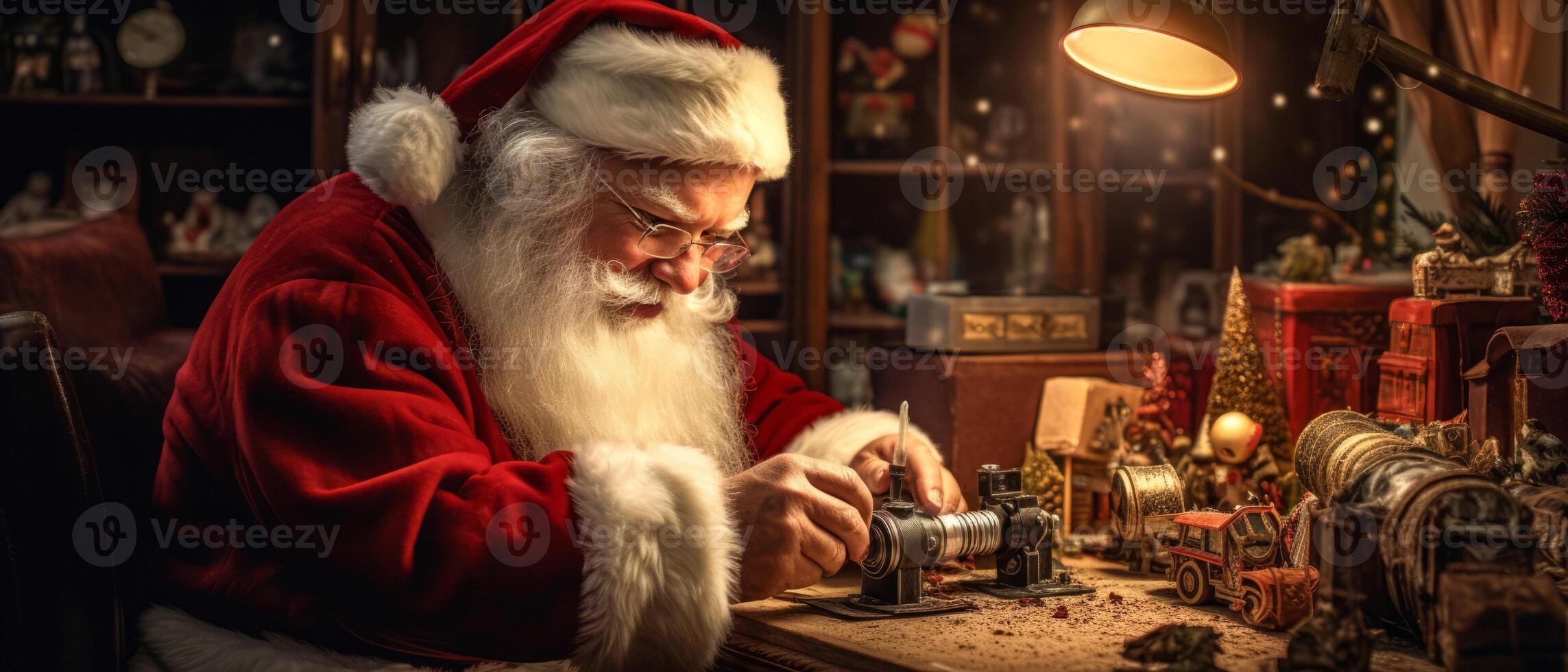 AI generated Santa Claus makes gifts for children Generative AI photo