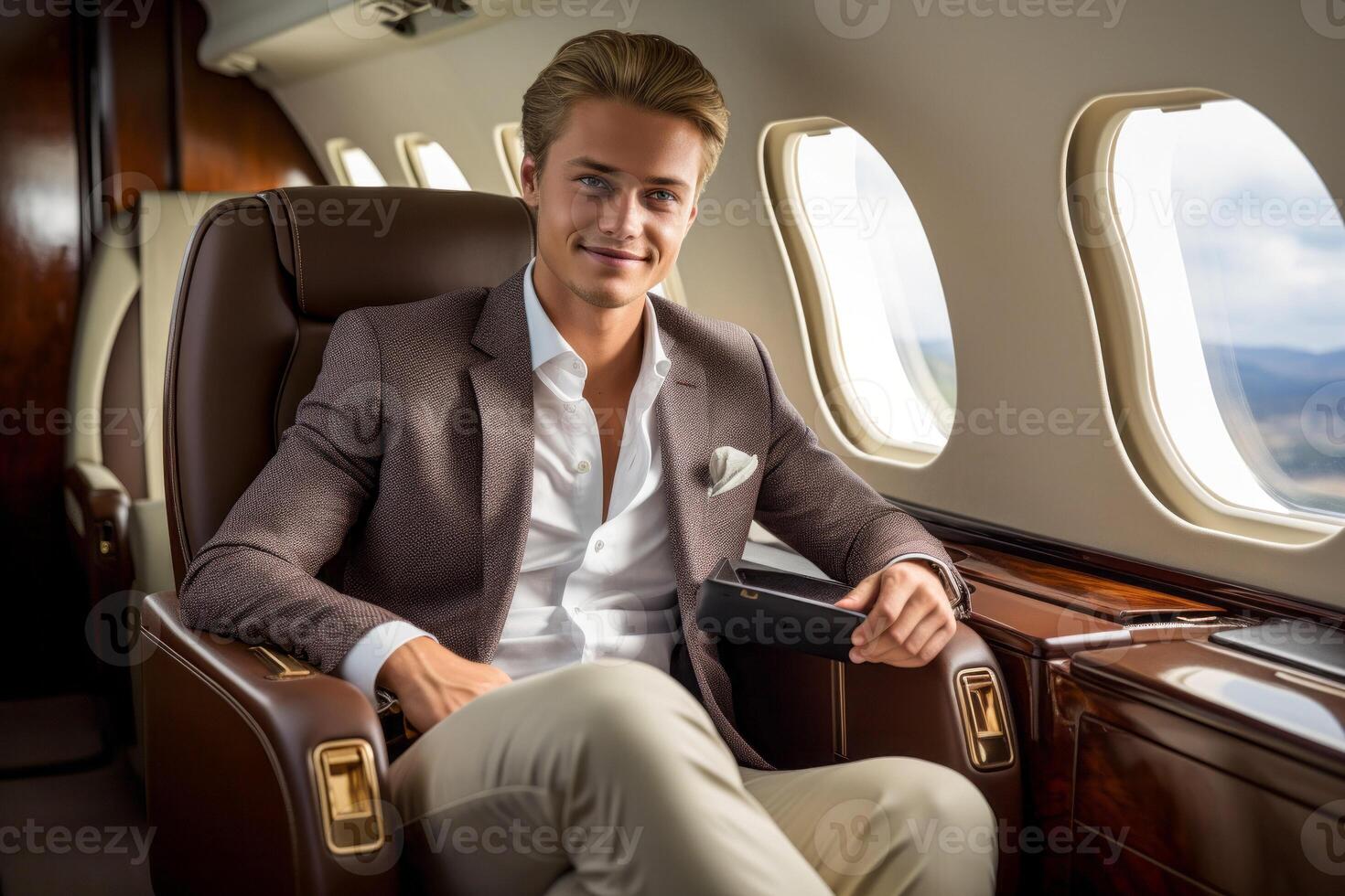 AI generated business man in the cabin of a private plane Generative AI photo