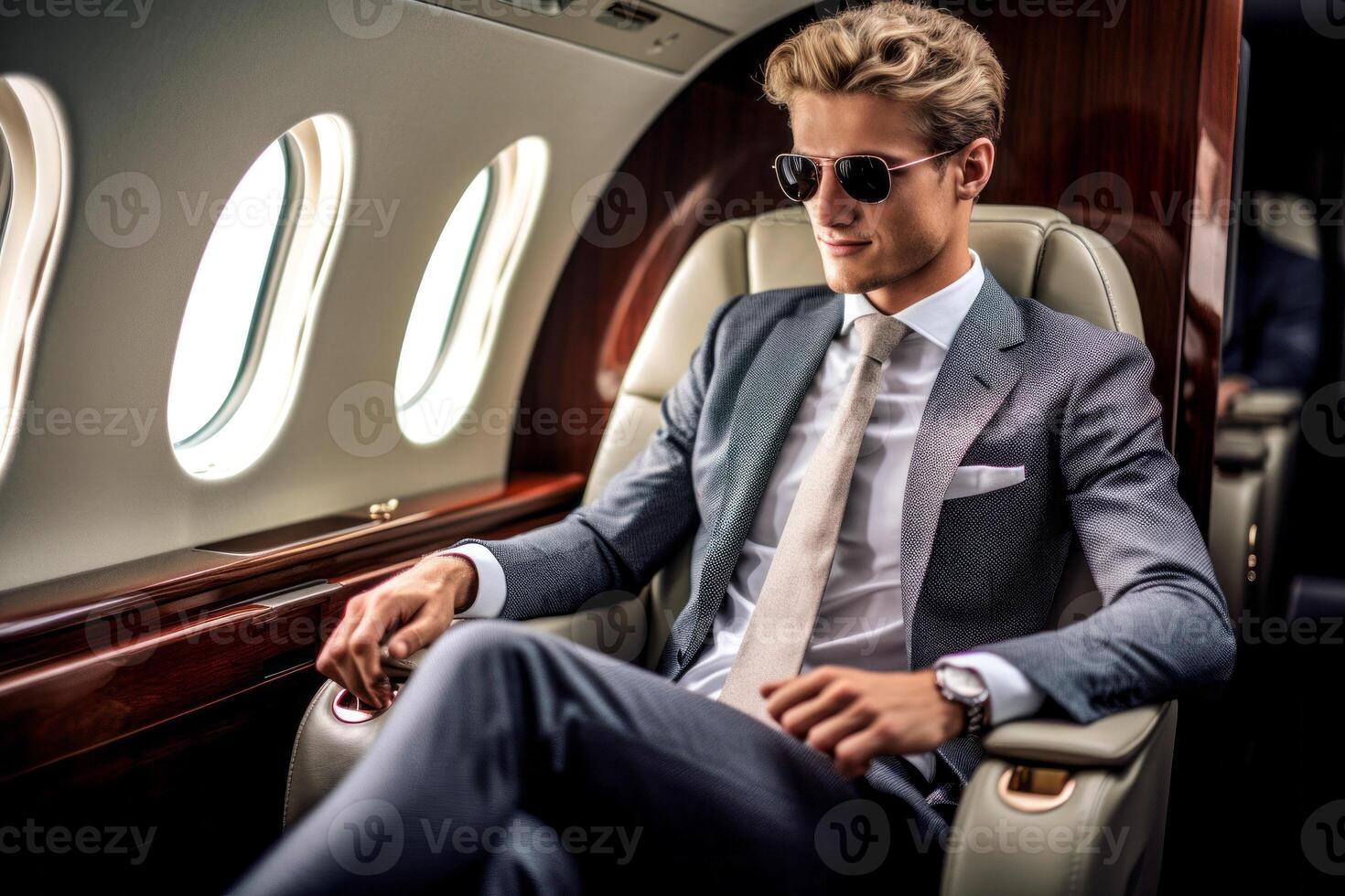 AI generated business man in the cabin of a private plane Generative AI photo