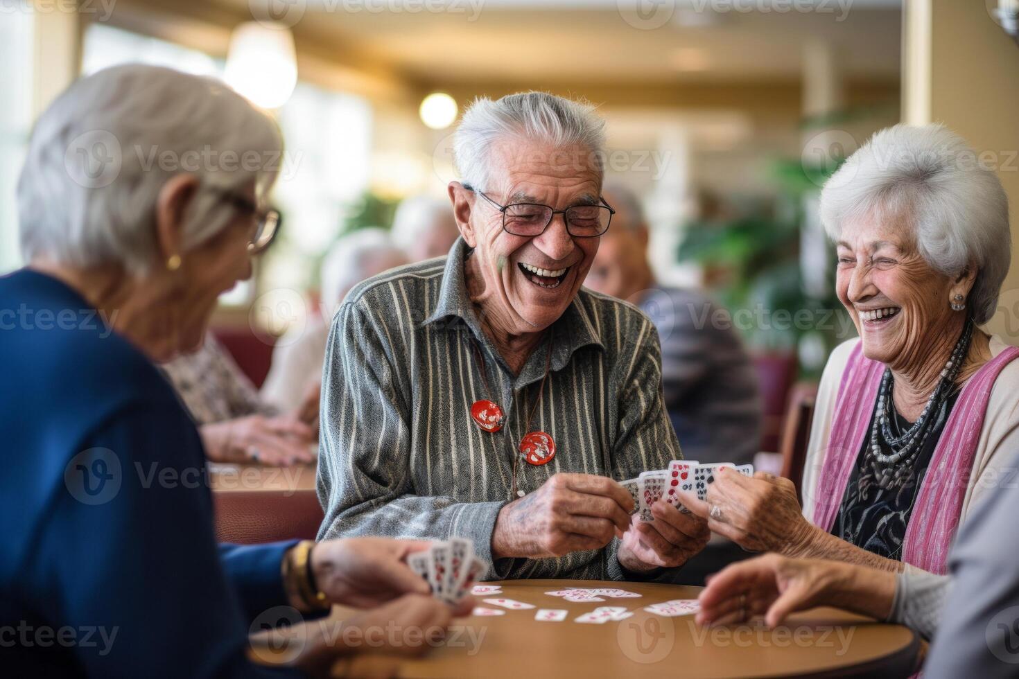 AI generated elderly people have fun in a nursing home group play Generative AI photo