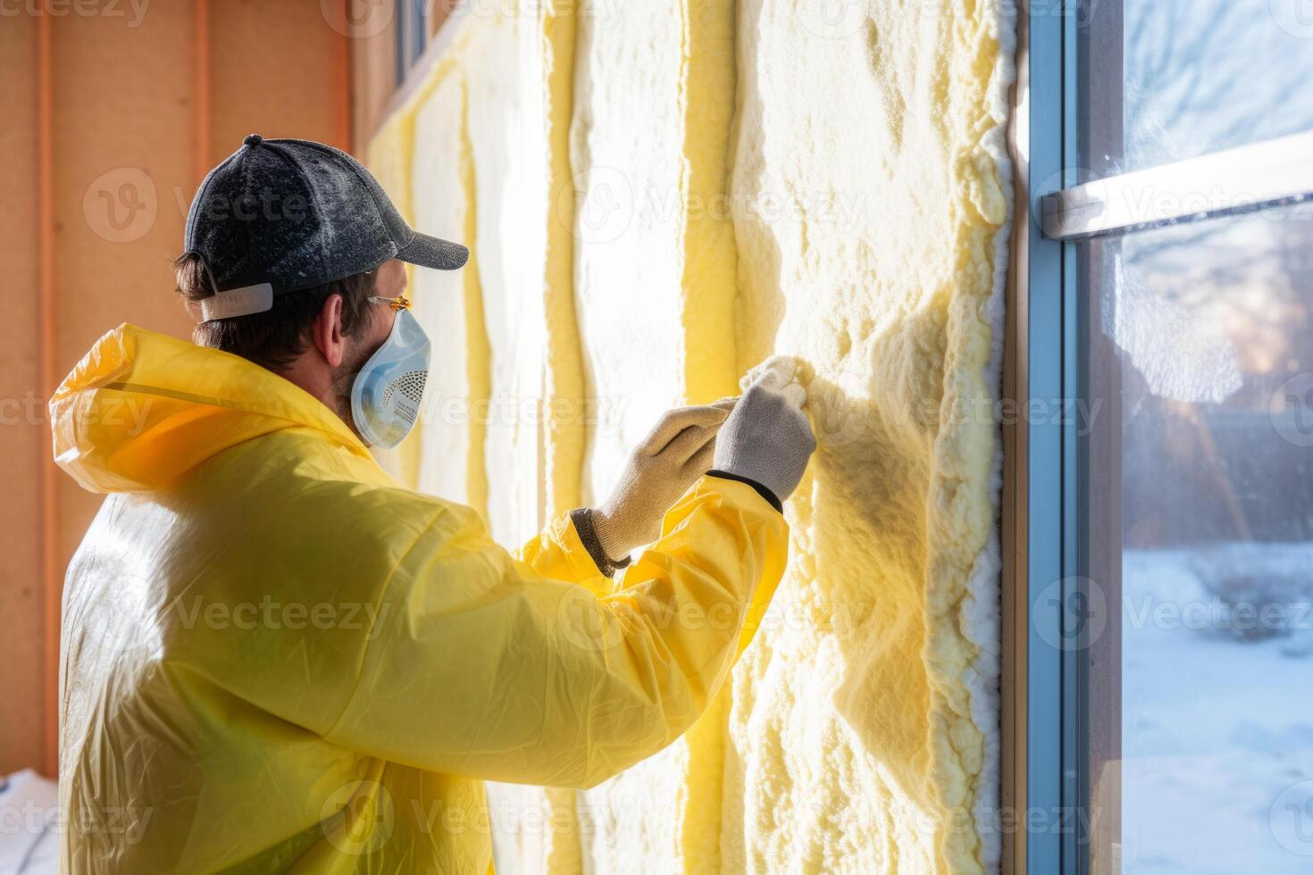 AI generated worker insulating the walls of a house Generative AI photo