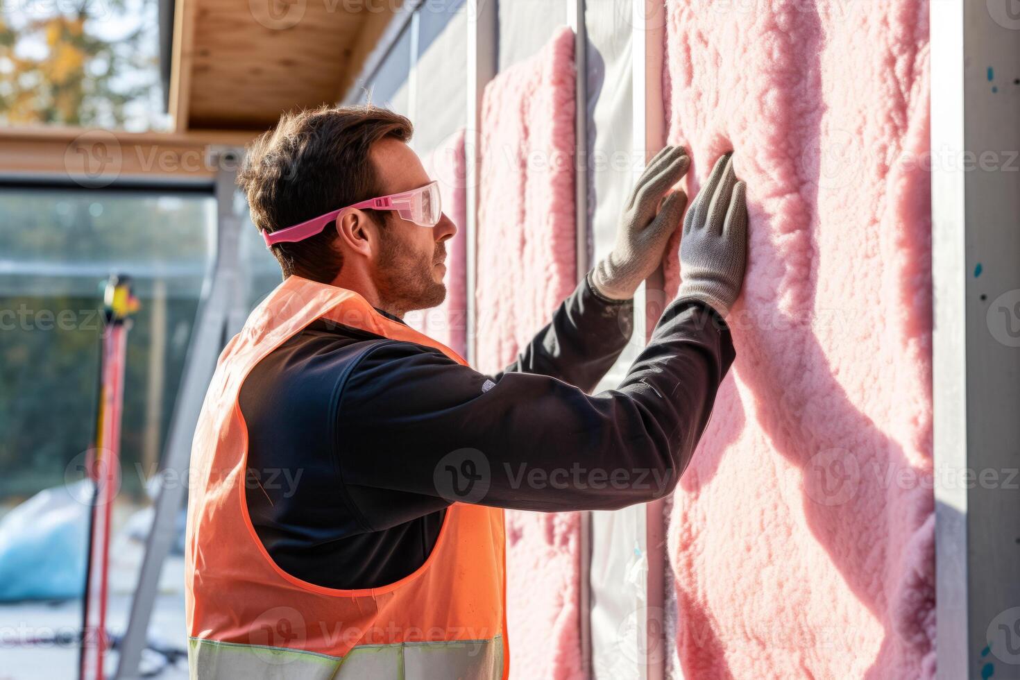 AI generated worker insulating the walls of a house Generative AI photo