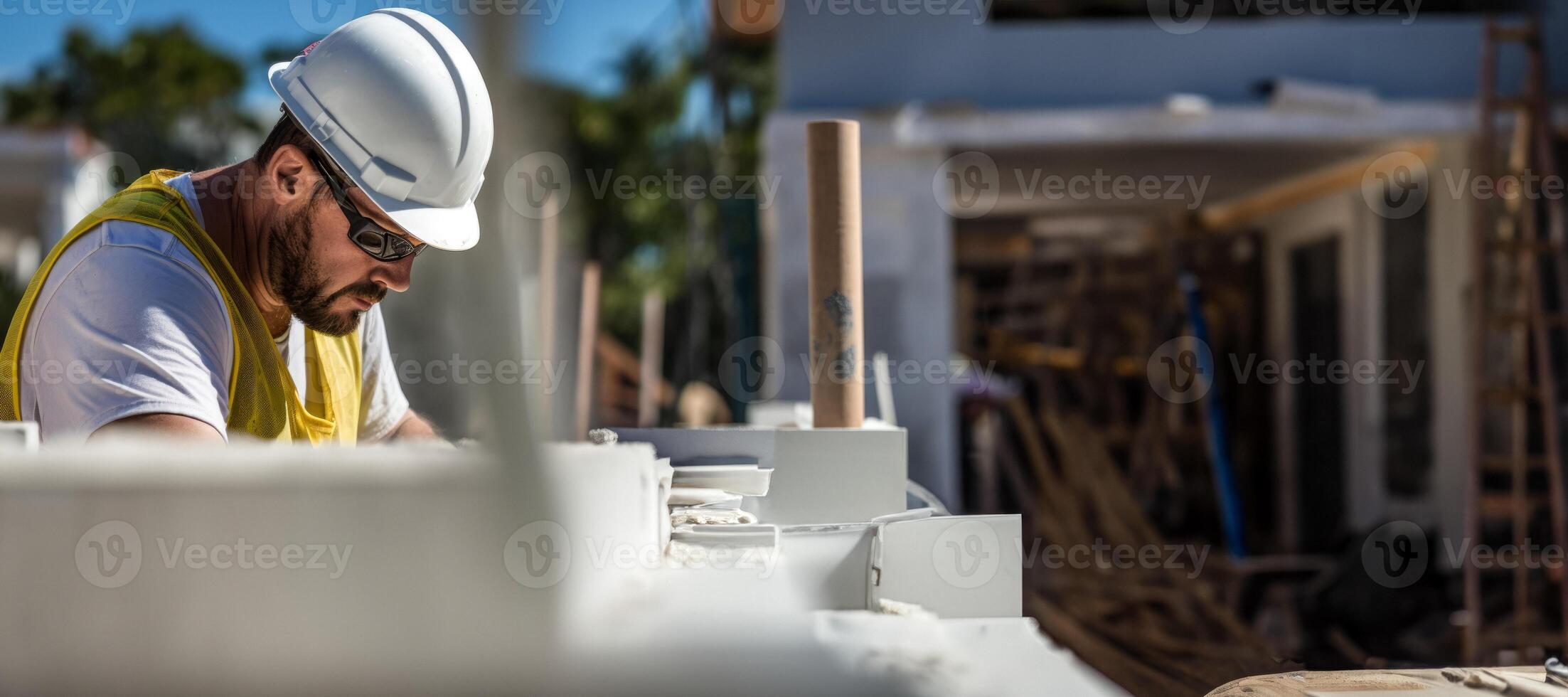 AI generated builder in a hard hat at a construction site Generative AI photo