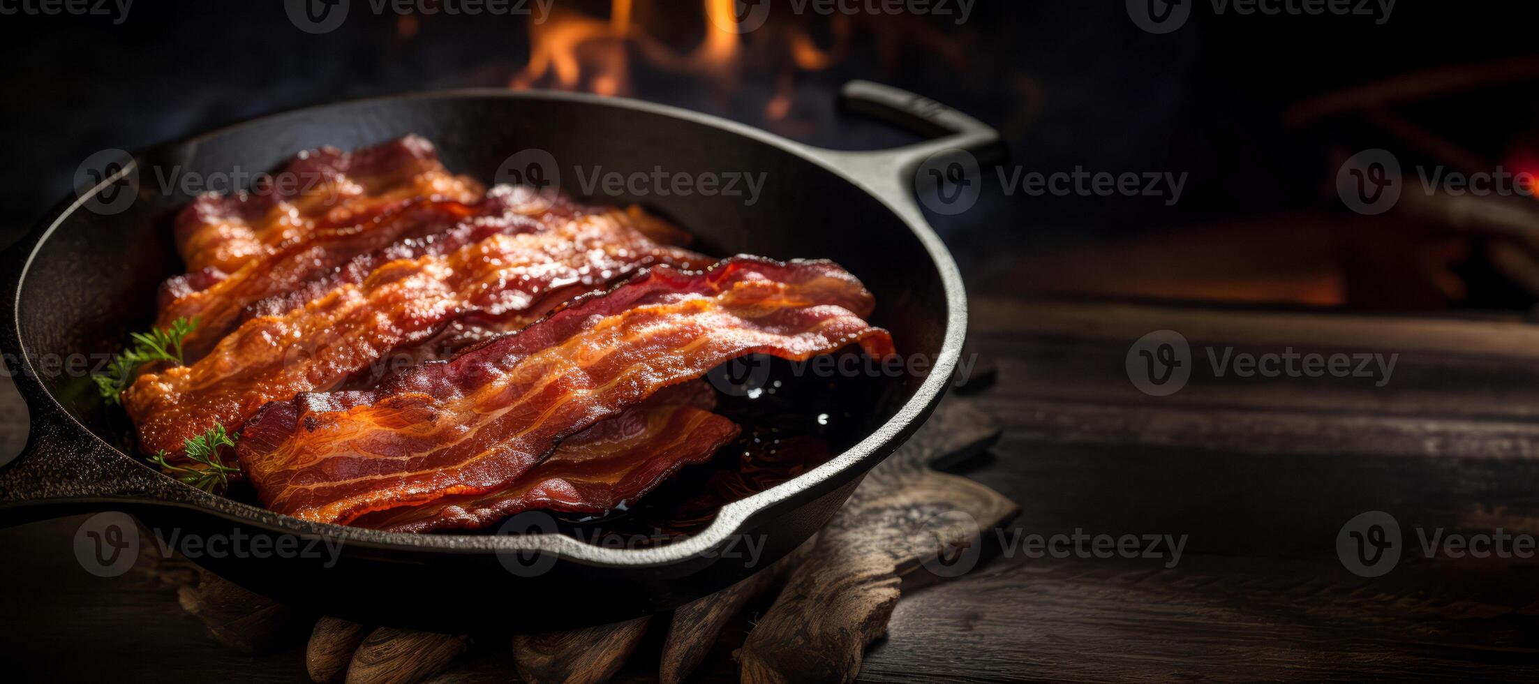 ai generado frito tocino en un fritura pan generativo ai foto