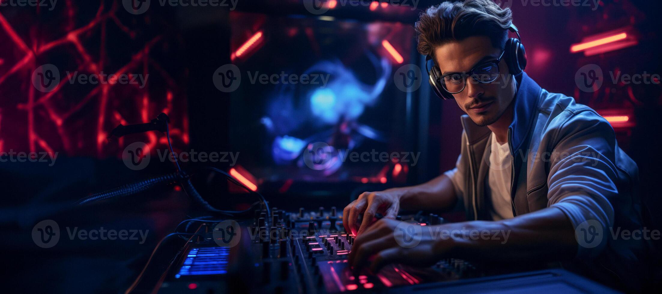 AI generated DJ in a nightclub at the controls Generative AI photo