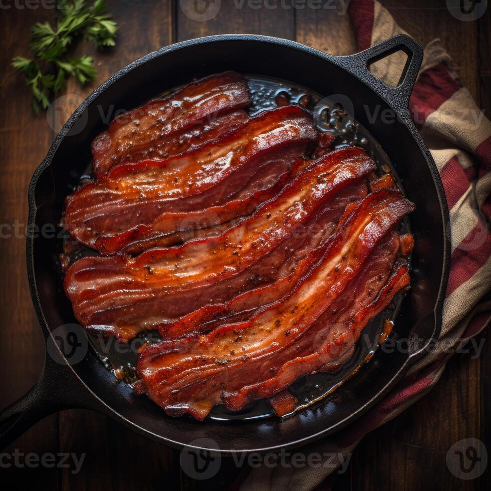 AI generated fried bacon in a frying pan Generative AI photo