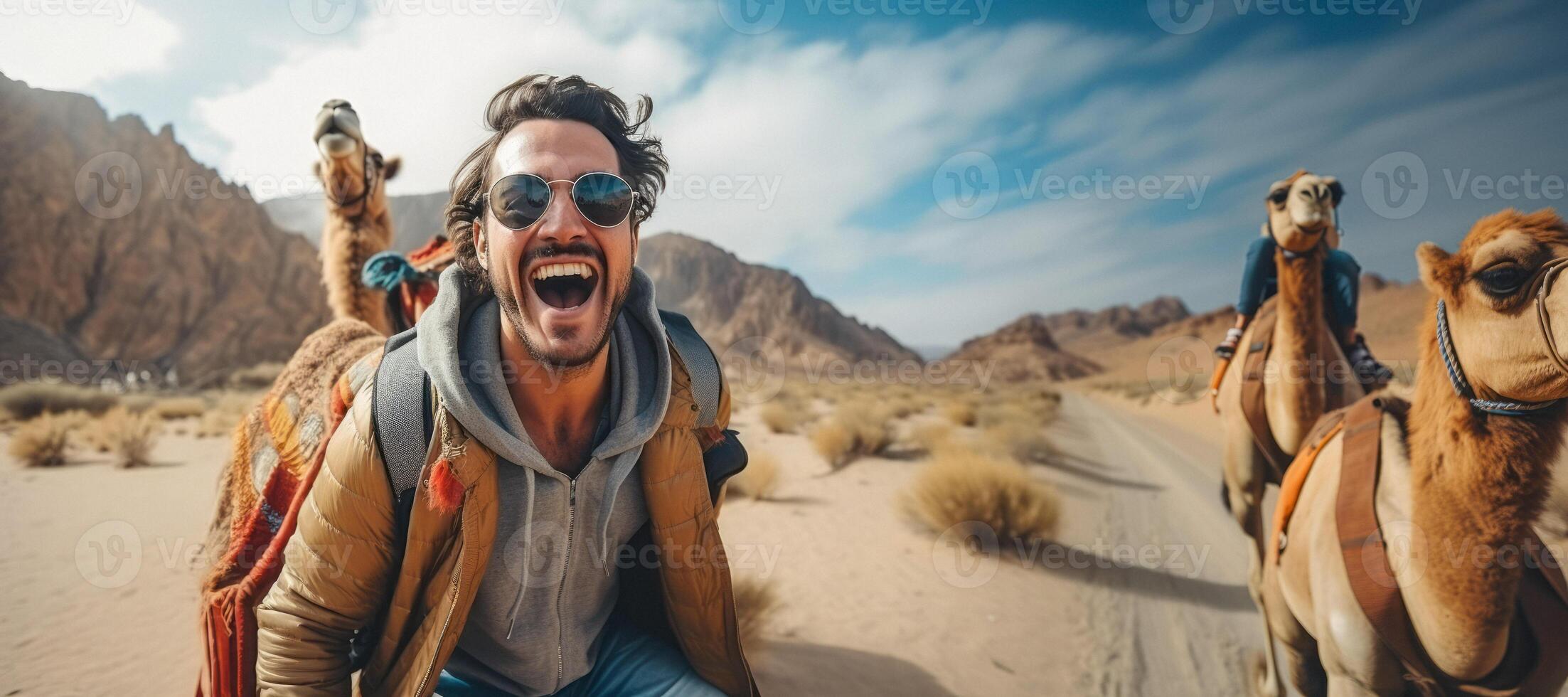 AI generated man riding a camel in the desert Generative AI photo