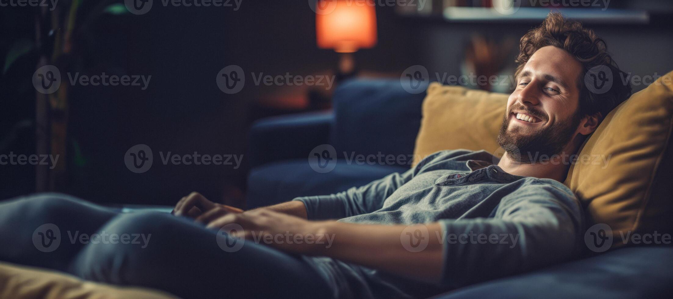 AI generated happy man relaxing lying on the sofa Generative AI photo