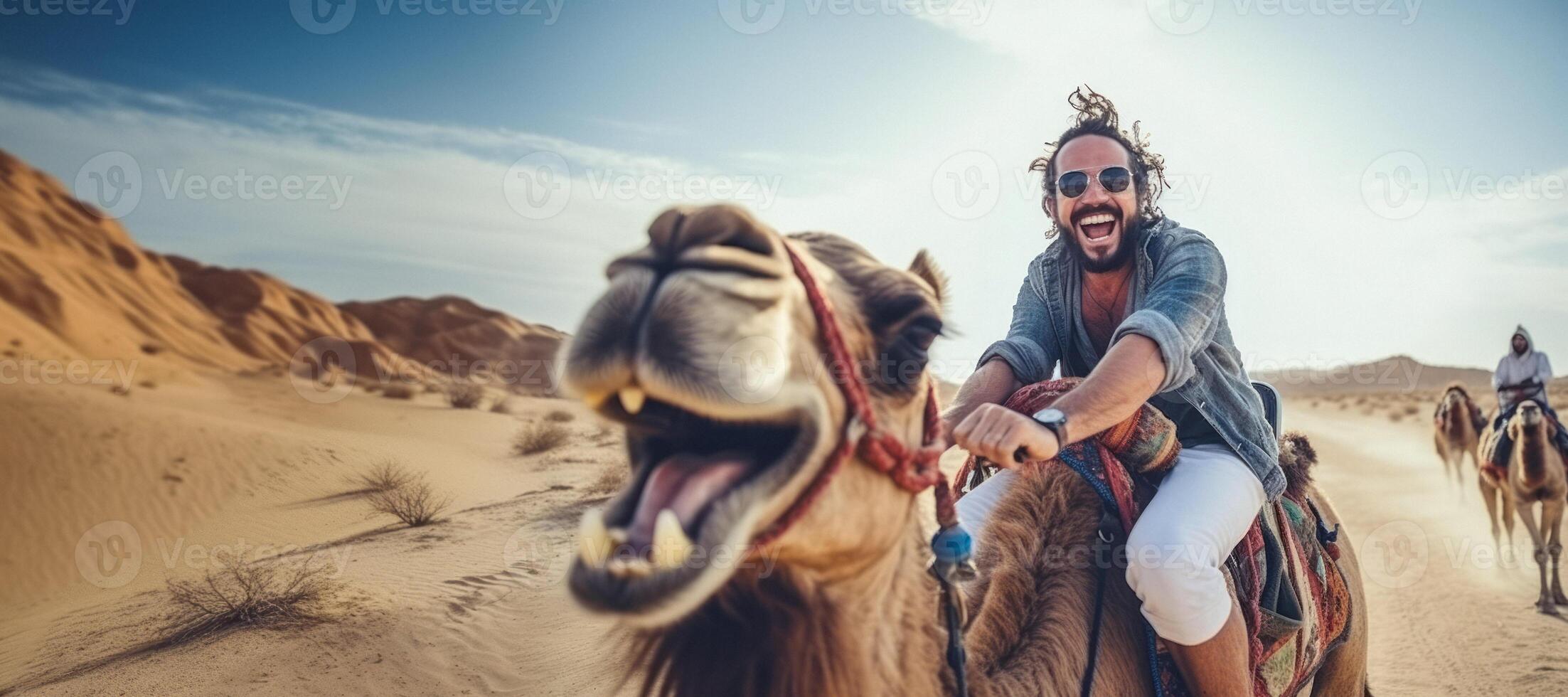 AI generated man riding a camel in the desert Generative AI photo