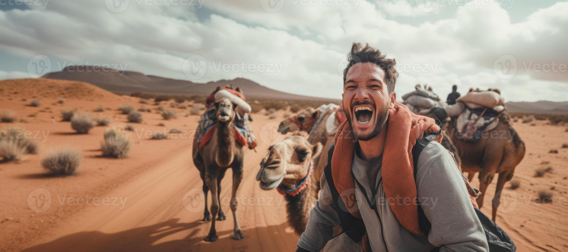 AI generated man riding a camel in the desert Generative AI photo
