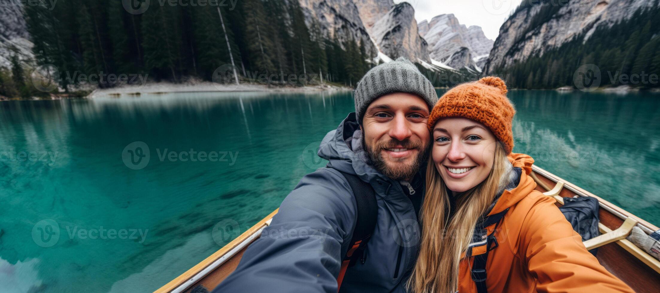 AI generated Selfie of a happy couple on a boat on the lake Generative AI photo