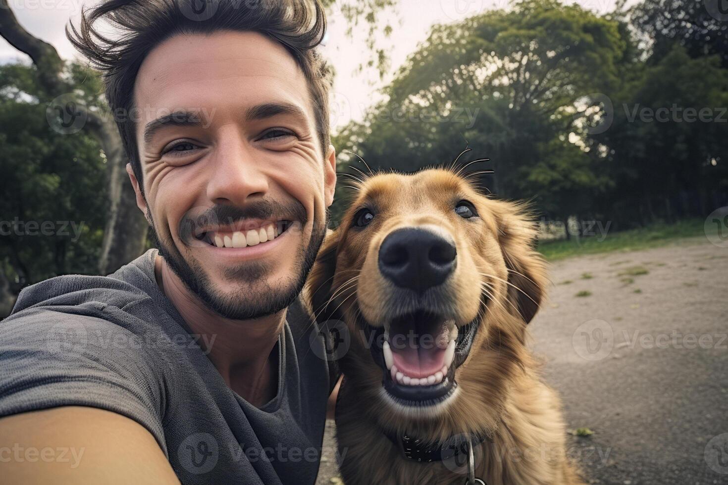 AI generated man takes selfie with dog in park Generative AI photo