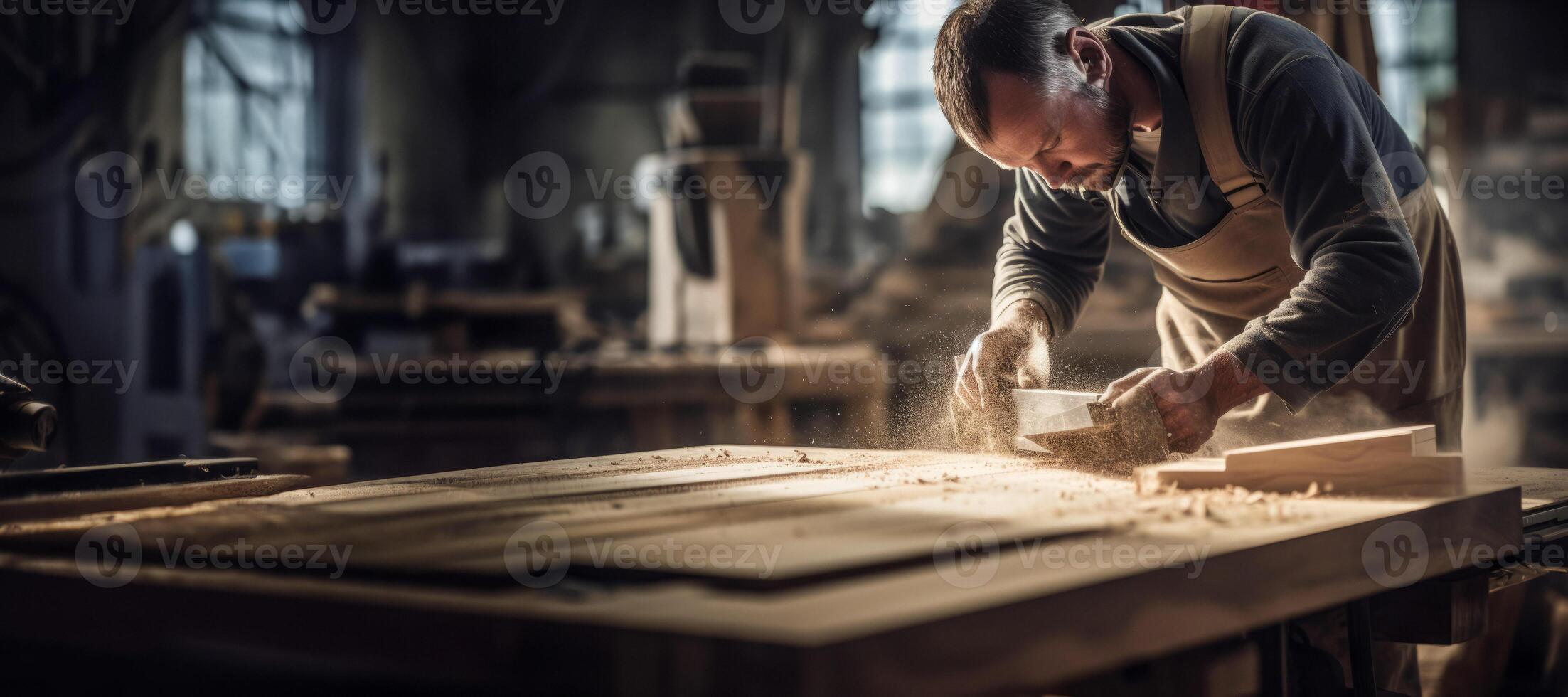 AI generated carpenter processing wood in the workshop Generative AI photo