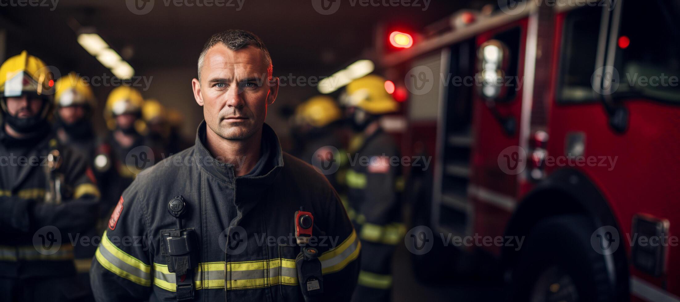 AI generated fireman at fire station on blurred background Generative AI photo