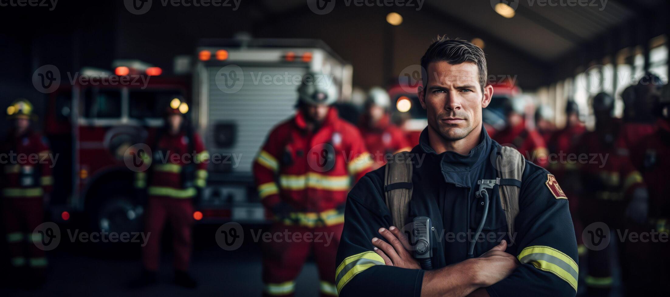 AI generated fireman at fire station on blurred background Generative AI photo