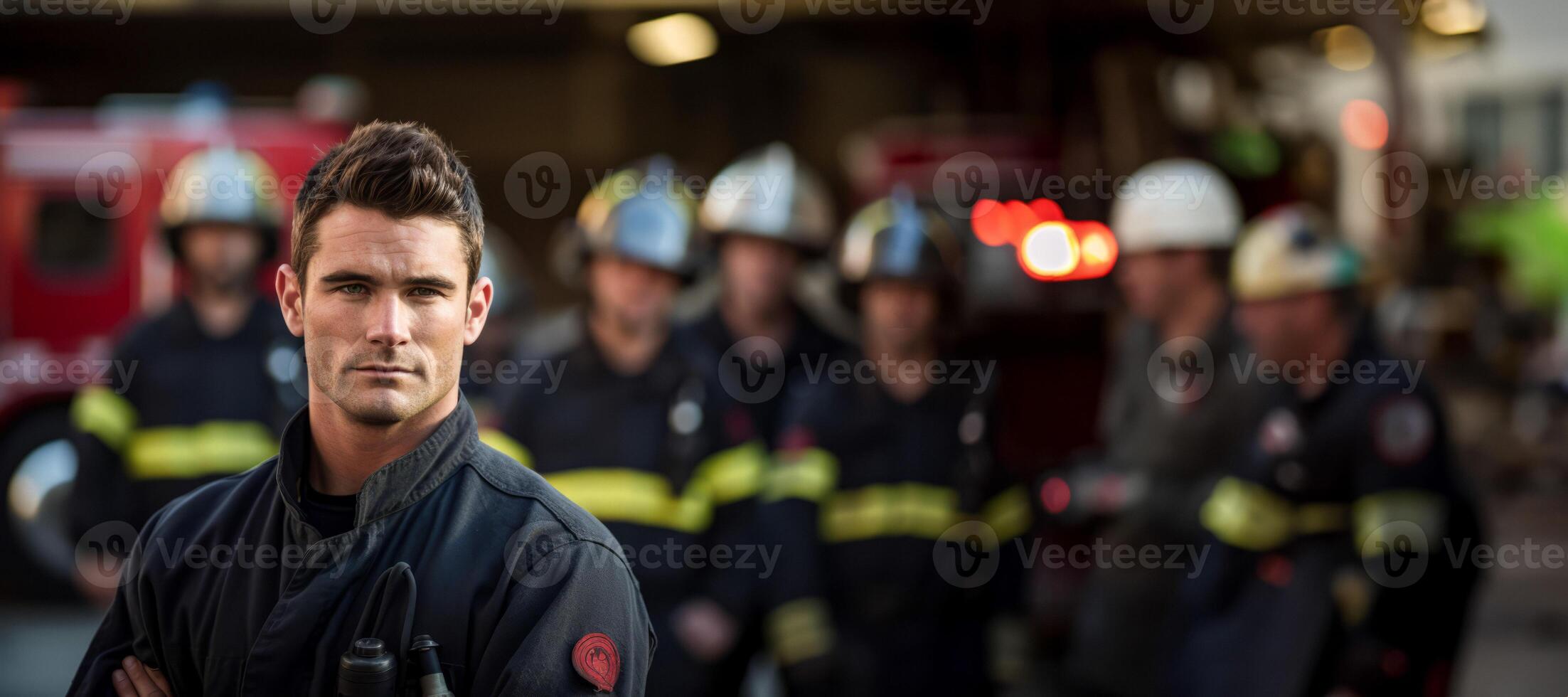 AI generated fireman at fire station on blurred background Generative AI photo