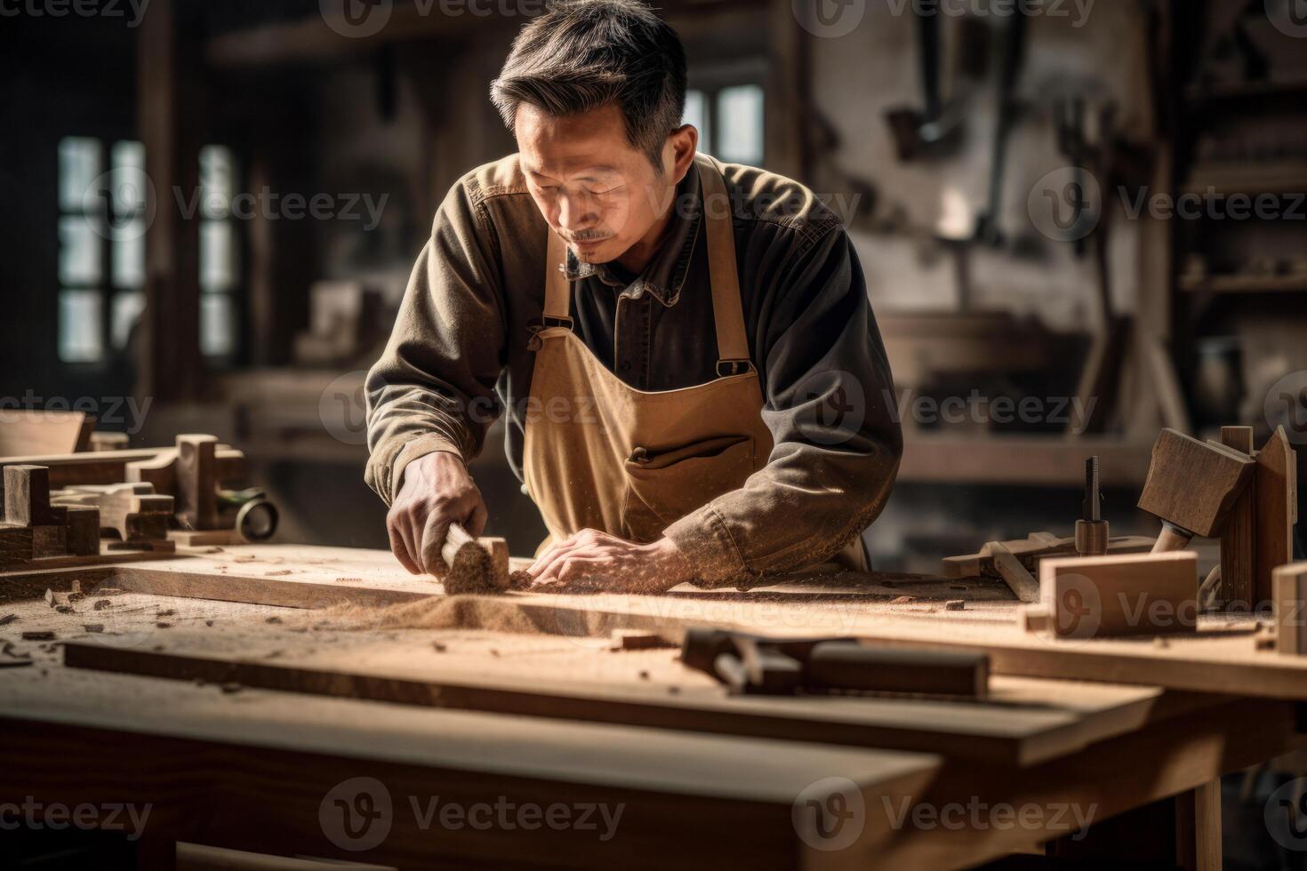 ai generado carpintero Procesando madera en el taller generativo ai foto