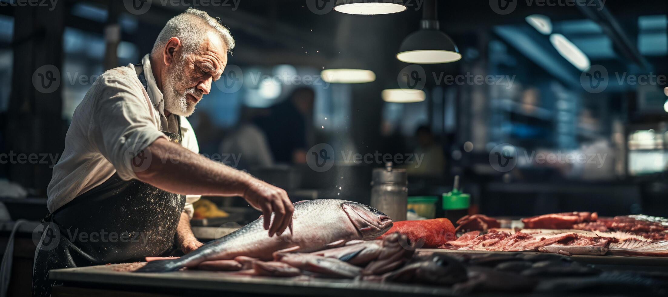 AI generated Butcher cuts fish Generative AI photo