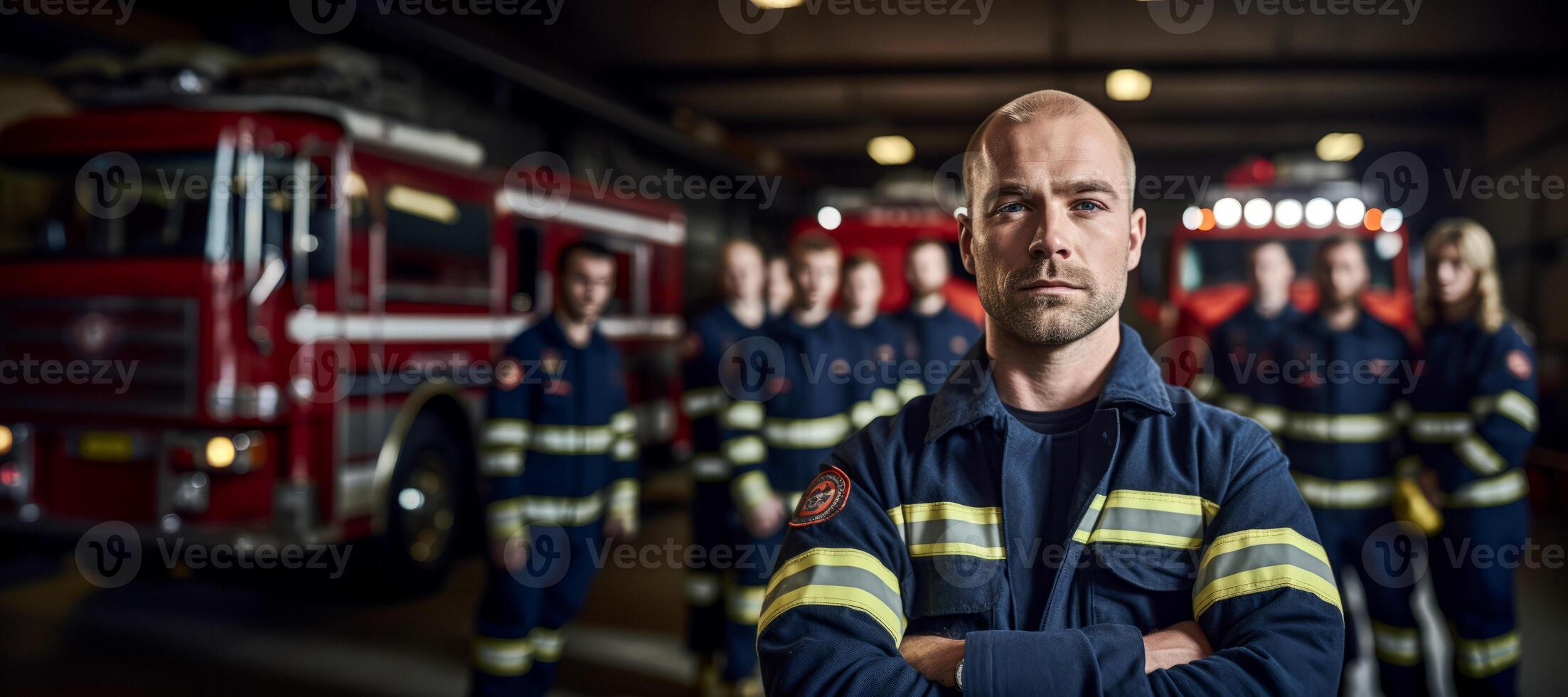AI generated fireman at fire station on blurred background Generative AI photo