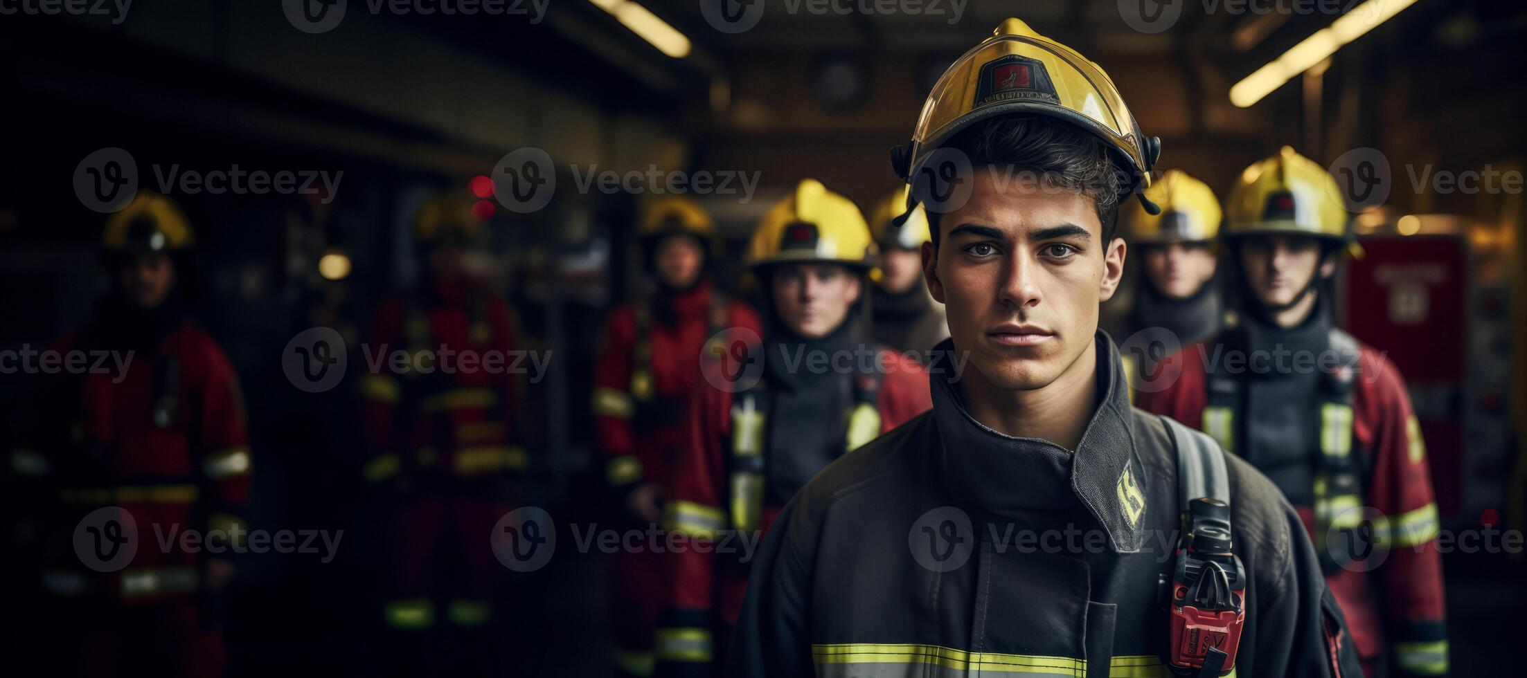 AI generated fireman at fire station on blurred background Generative AI photo
