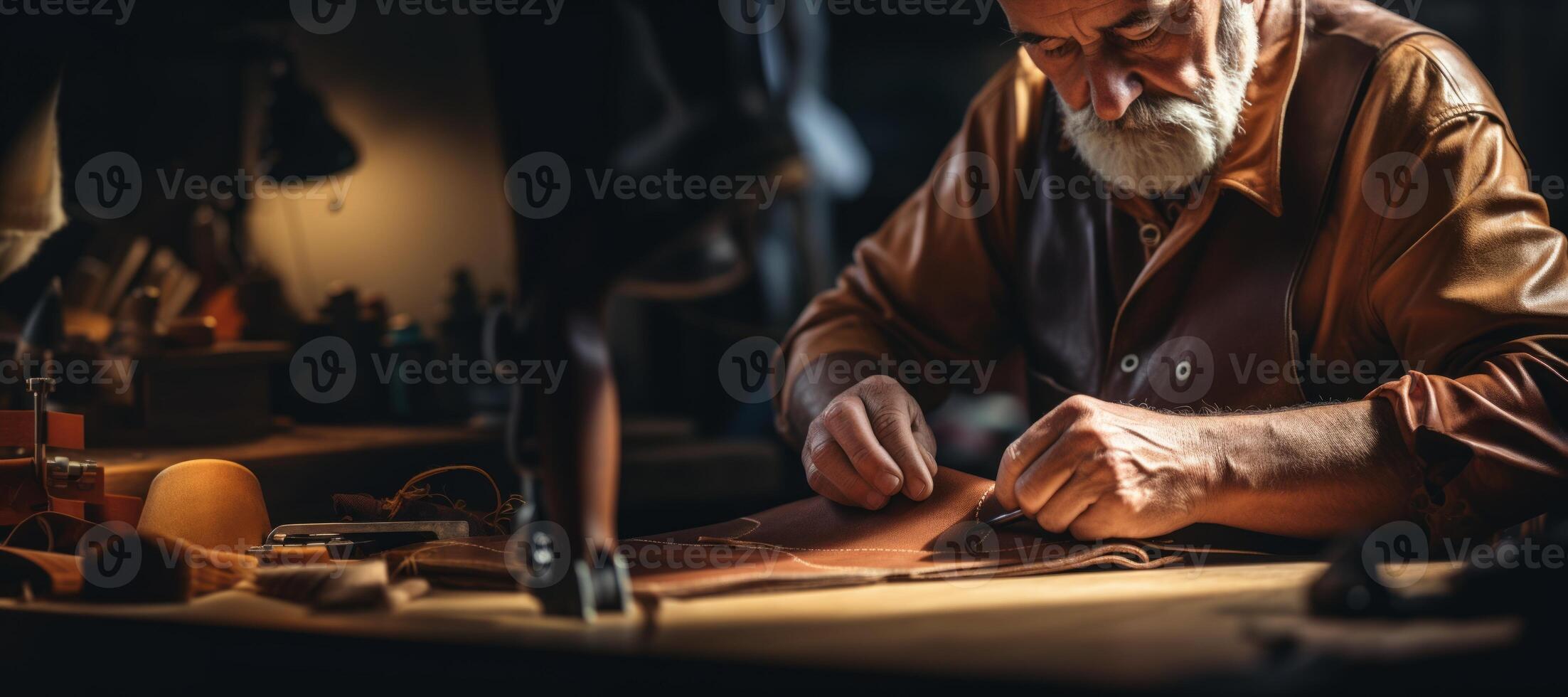AI generated Tailor working with leather Generative AI photo