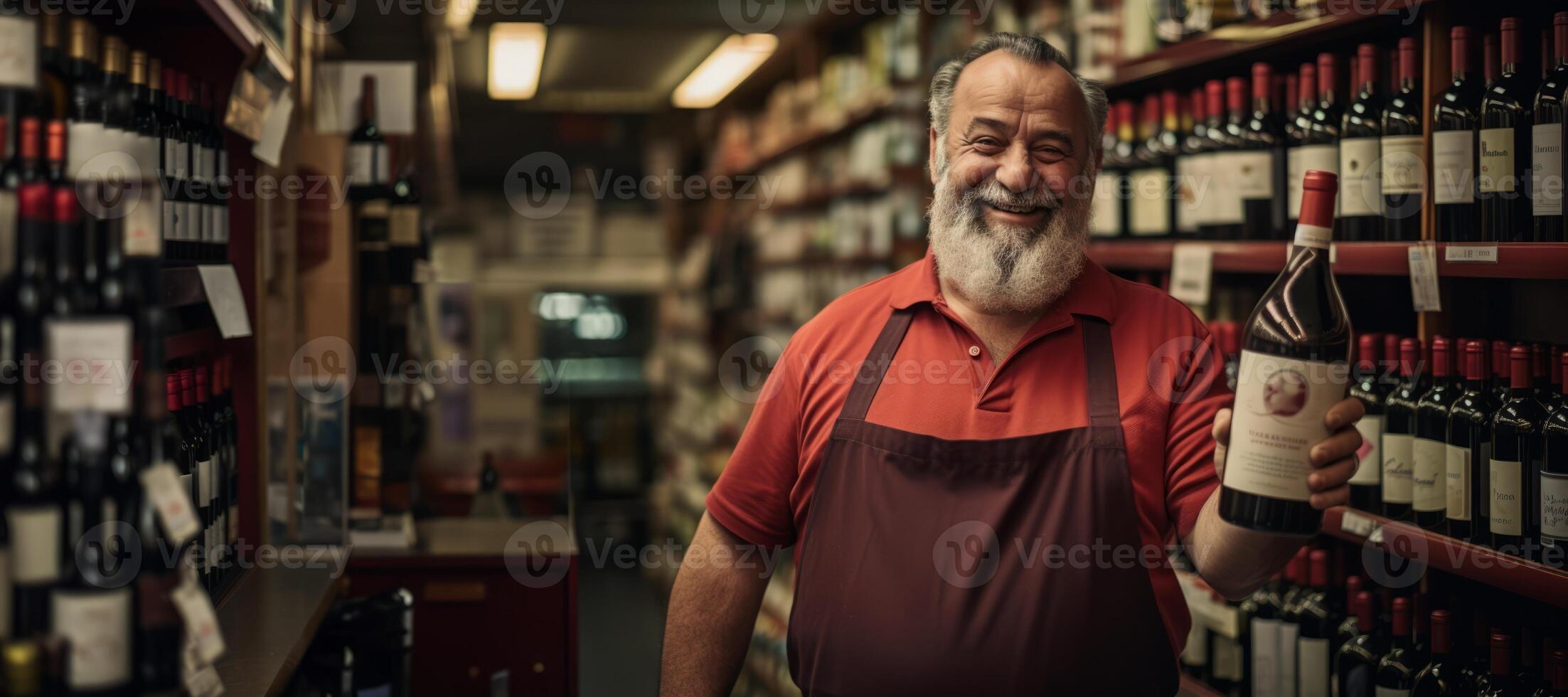 AI generated liquor store merchant shows a bottle of wine Generative AI photo