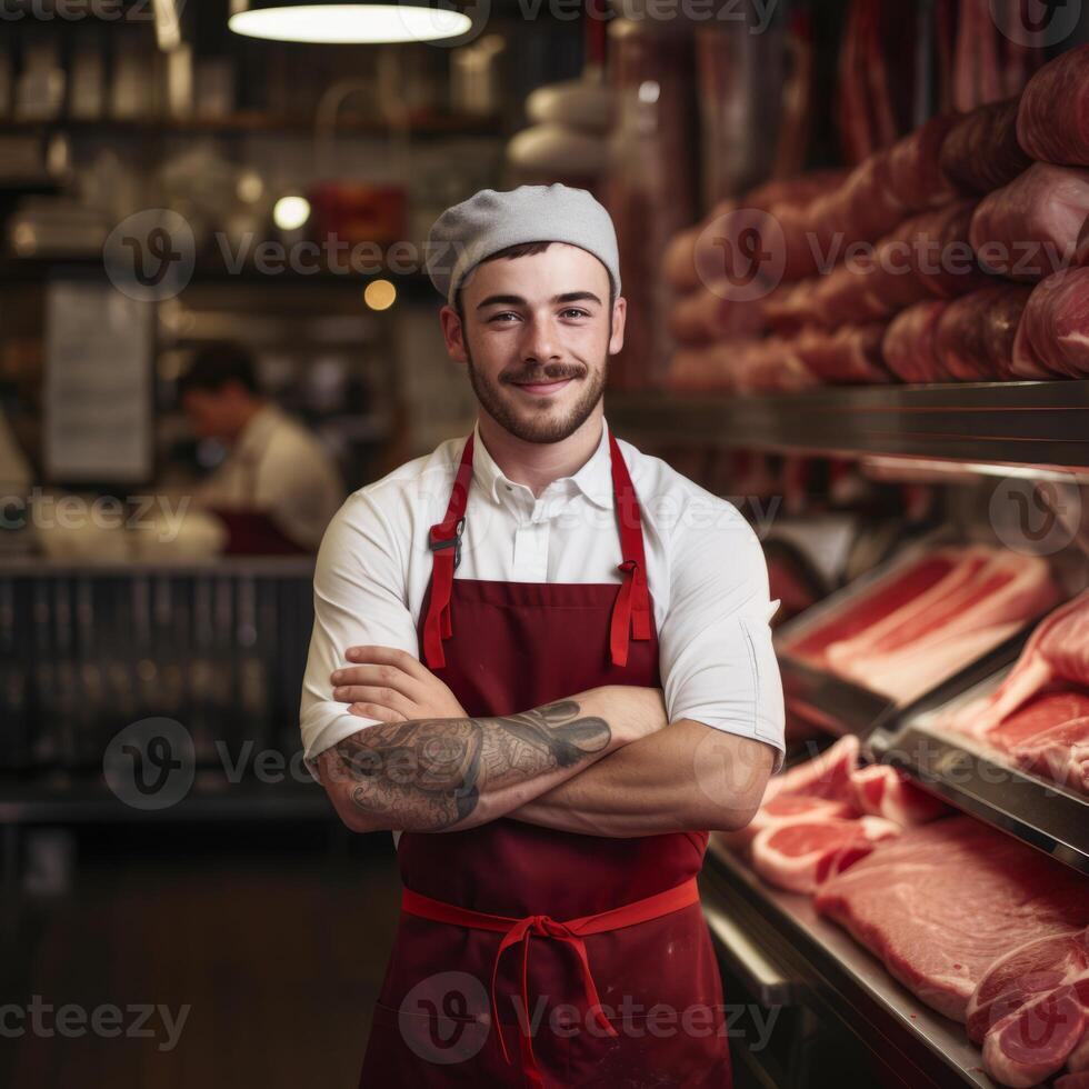 AI generated portrait of a male butcher with meat in the background Generative AI photo