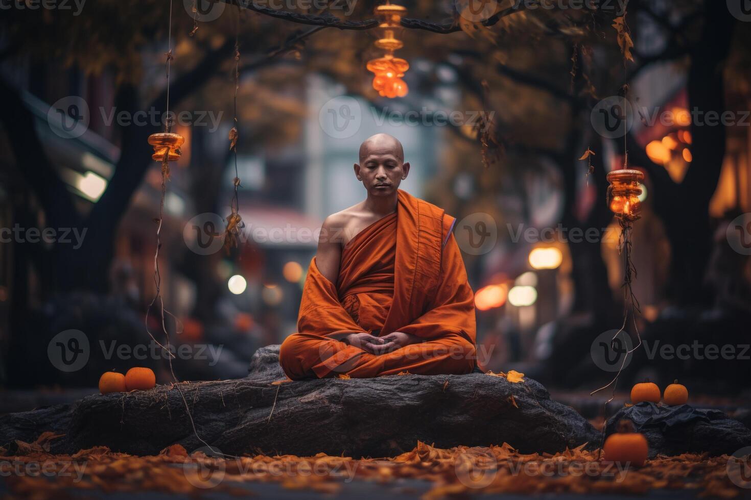AI generated Buddhist monk in orange clothes in lotus position Generative AI photo