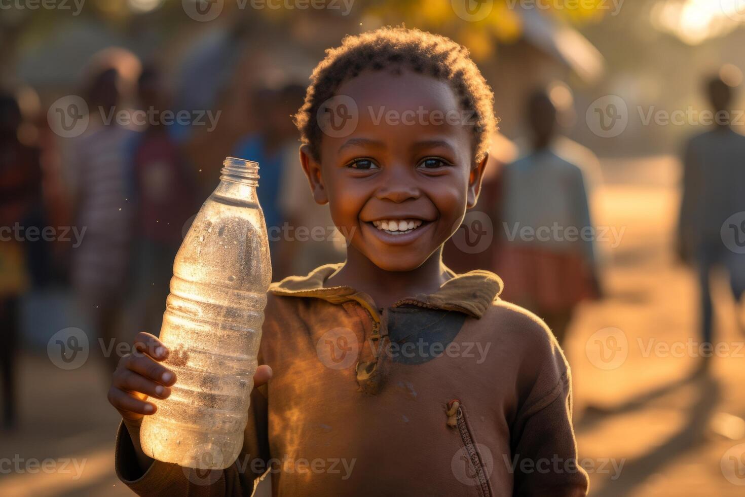 AI generated happy african child holding a bottle of clean water Generative AI photo