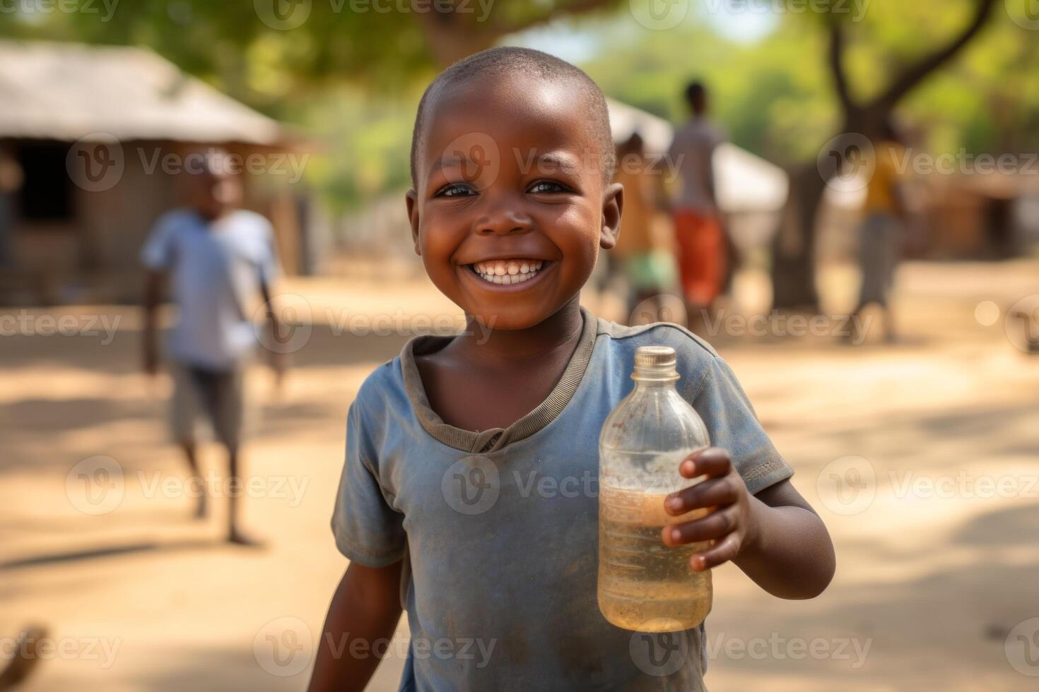 AI generated happy african child holding a bottle of clean water Generative AI photo