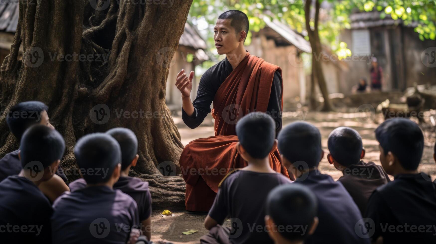 AI generated Buddhist monk talking to children Generative AI photo