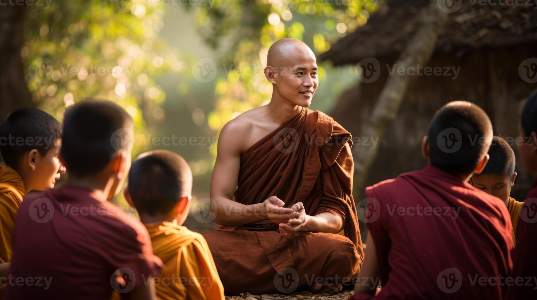 AI generated Buddhist monk talking to children Generative AI photo