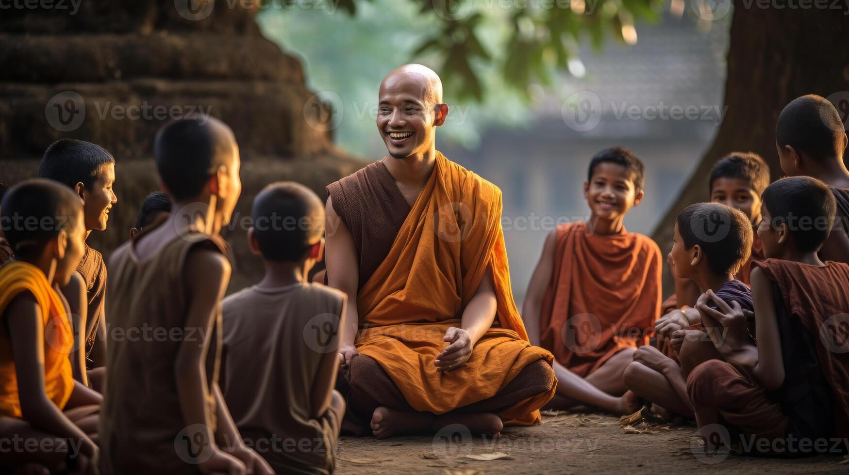 AI generated Buddhist monk talking to children Generative AI photo