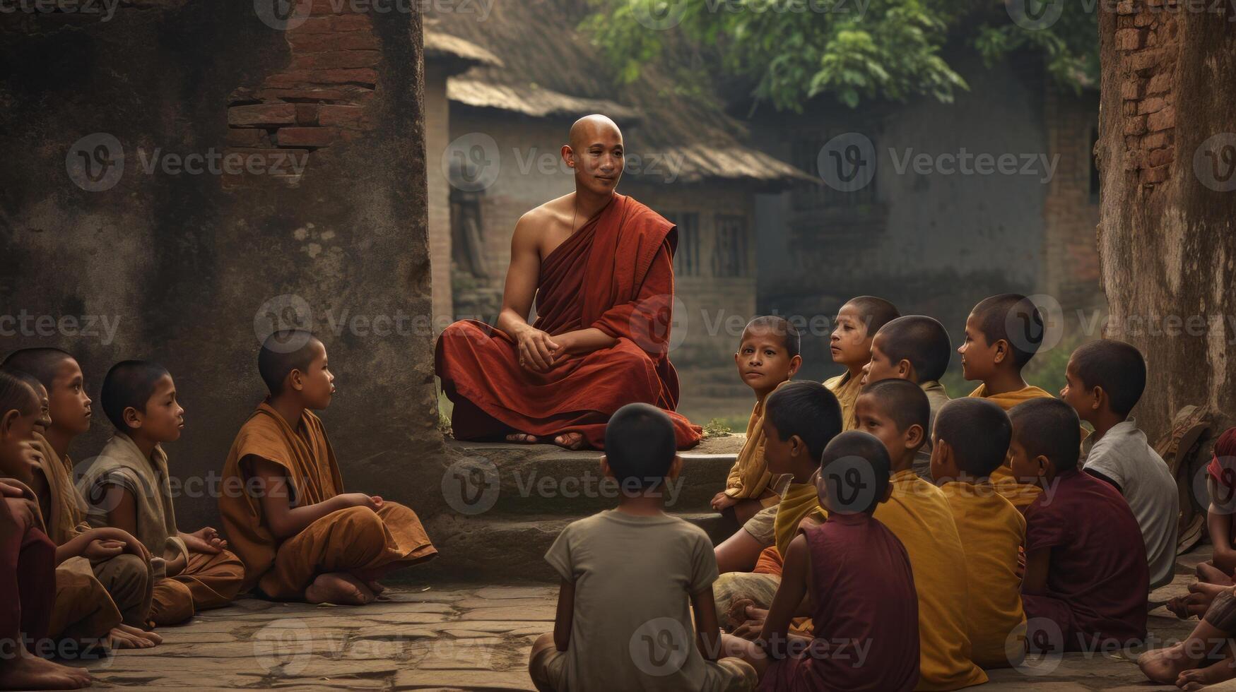 AI generated Buddhist monk talking to children Generative AI photo