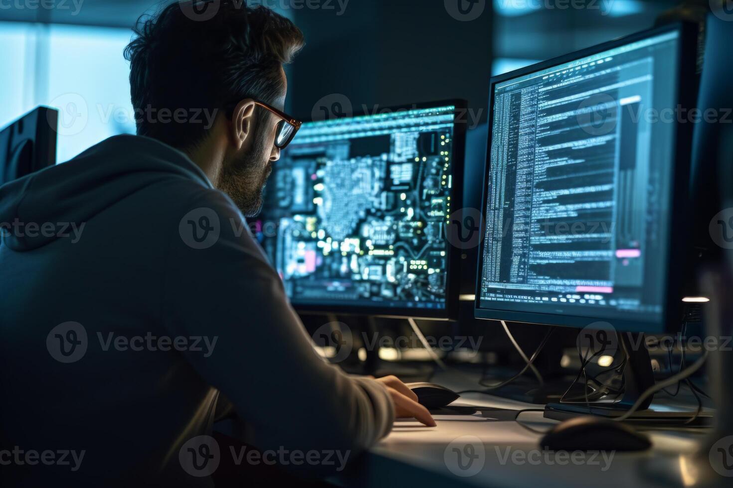 AI generated IT guy programming writes code Generative AI photo