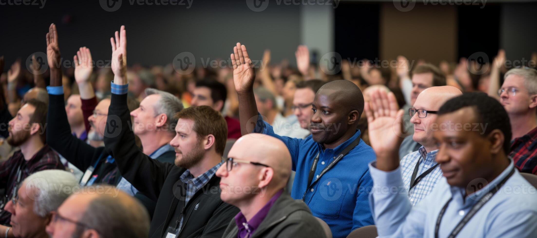 AI generated people at the conference raise their hands and vote Generative AI photo