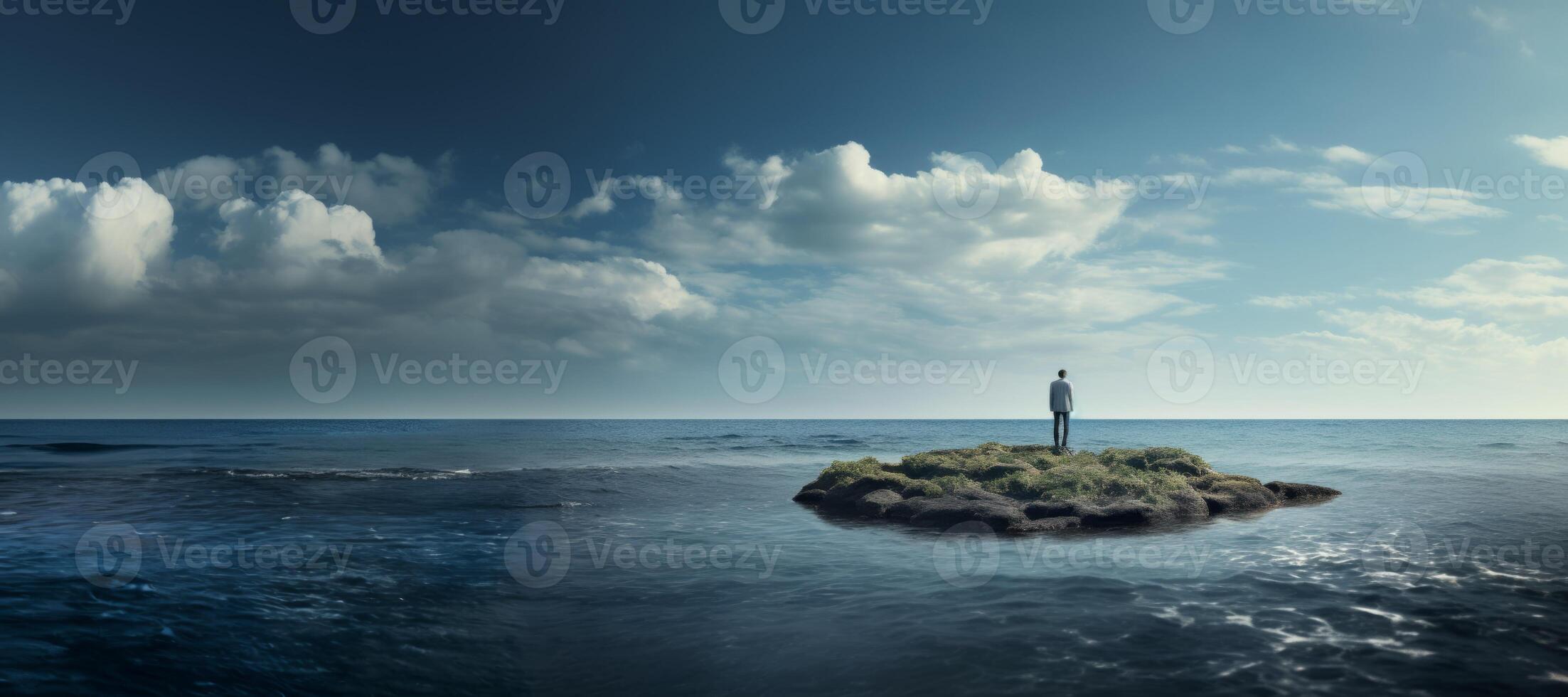 AI generated businessman stands on a lost island in the ocean Generative AI photo