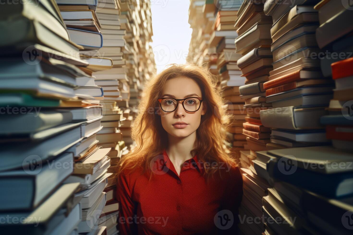 AI generated girl among the mountains of books concept Generative AI photo