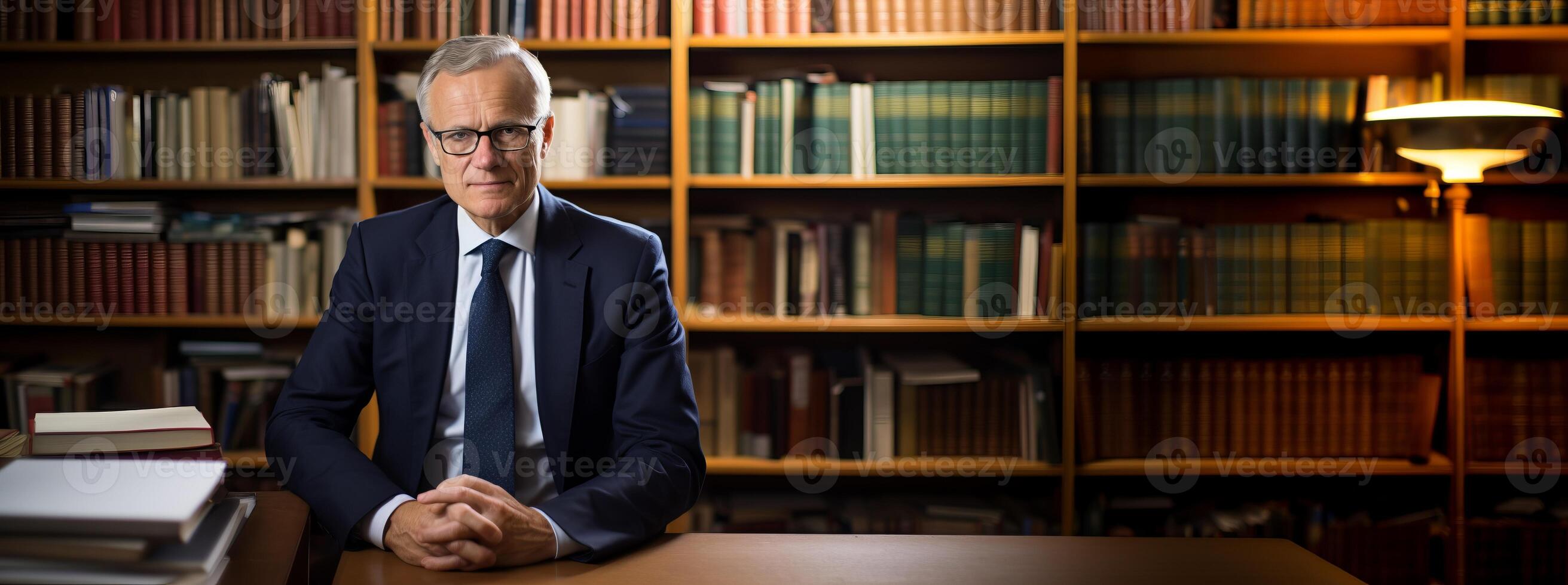 AI generated man economist on the background of bookshelves Generative AI photo
