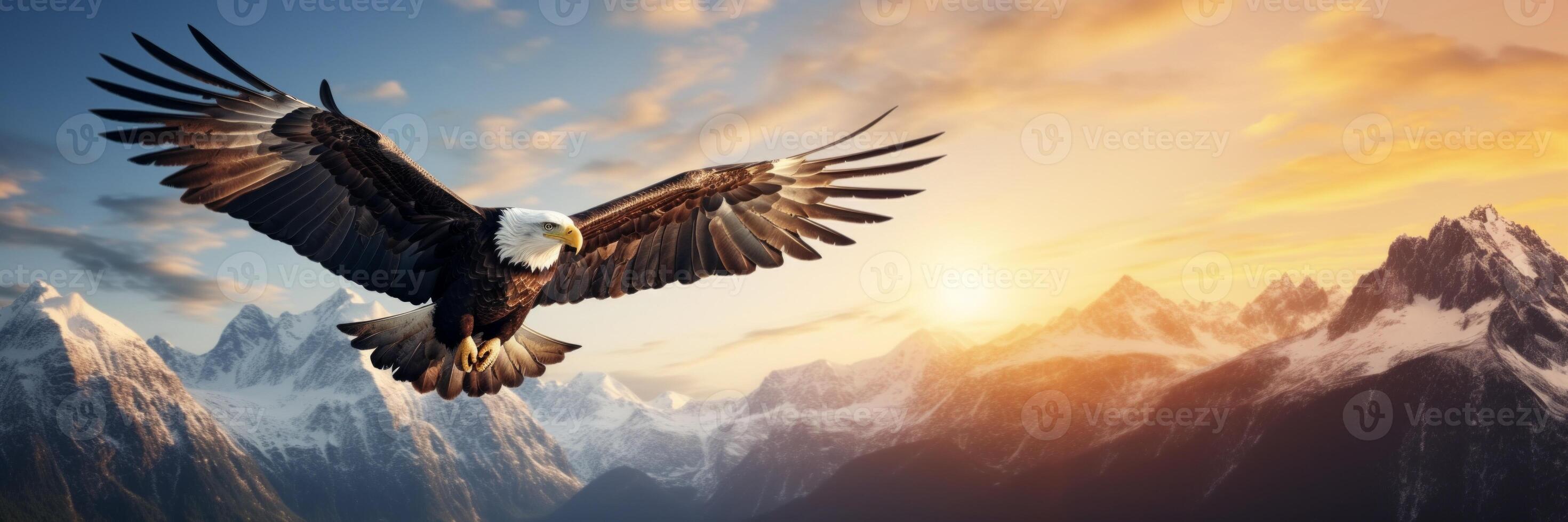 AI generated North American bald eagle flying over the mountains Generative AI photo