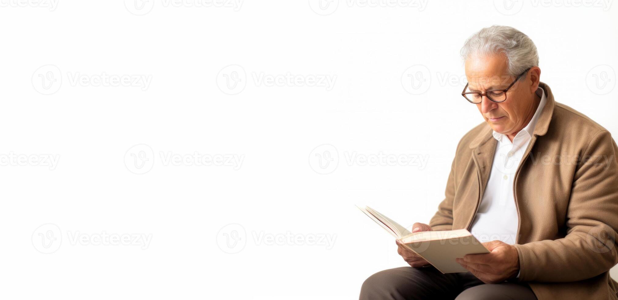 AI generated elderly man reading a book on a white background Generative AI photo