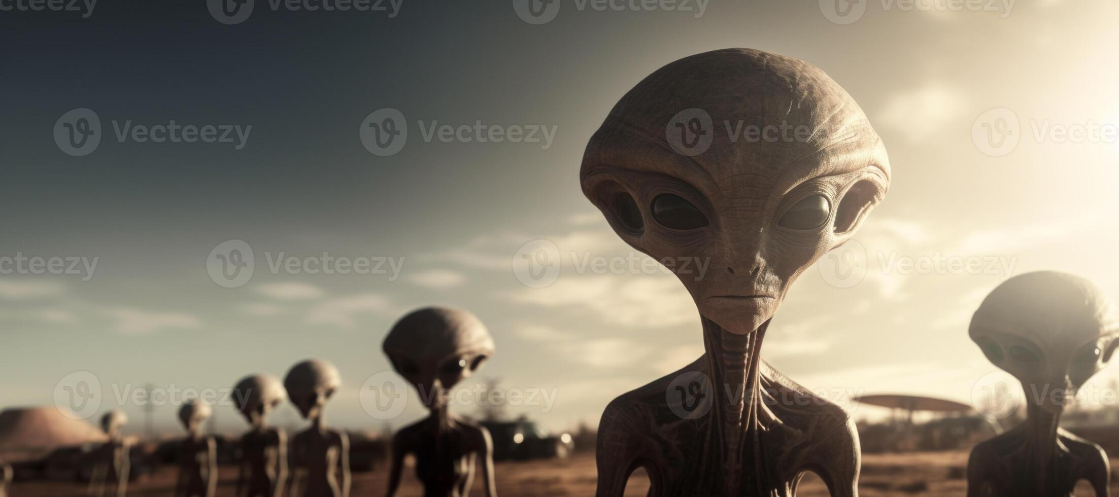 AI generated aliens and flying saucers Generative AI photo