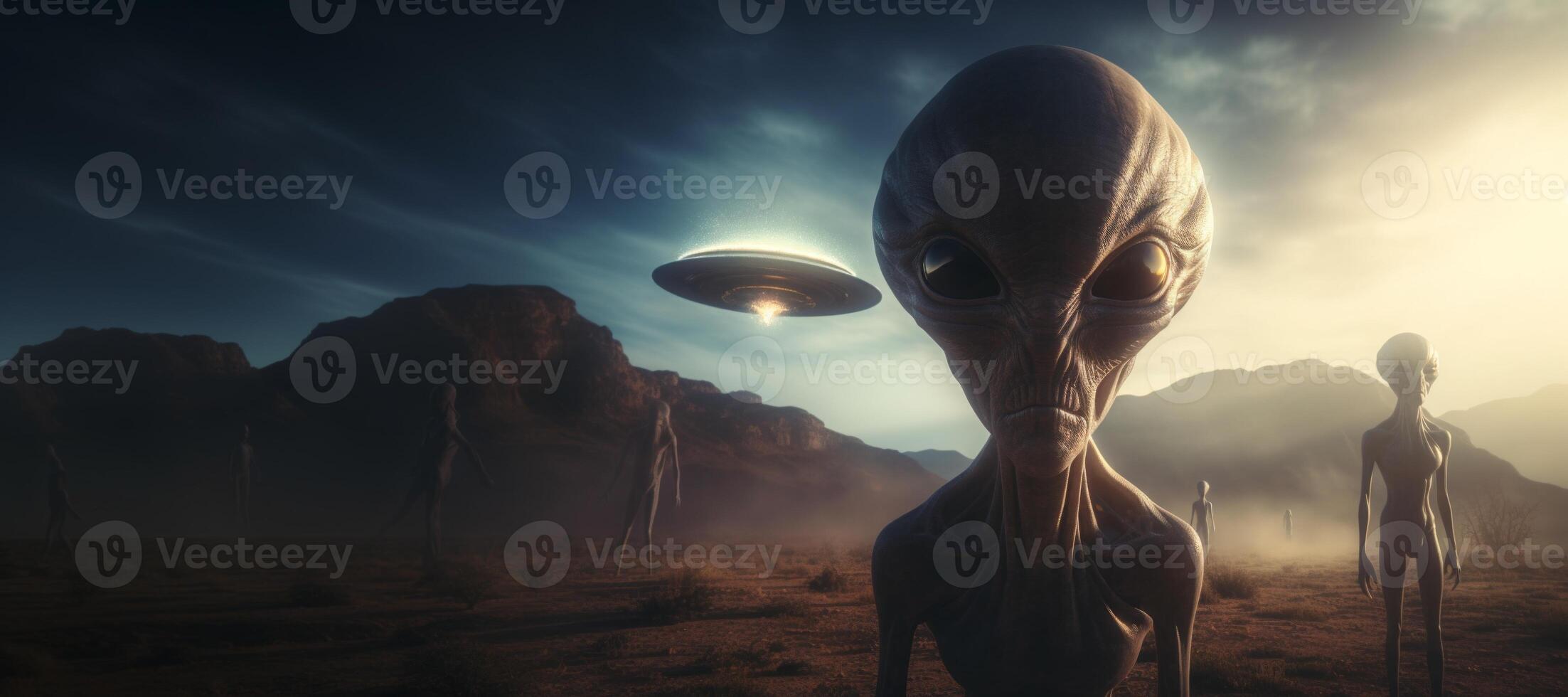 AI generated aliens and flying saucers Generative AI photo
