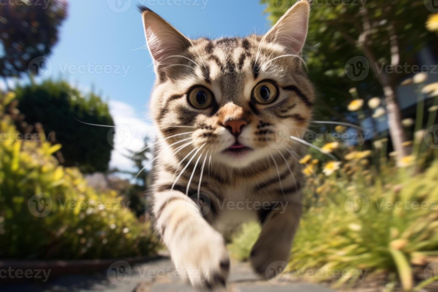AI generated face of a cat running down the street close-up Generative AI photo