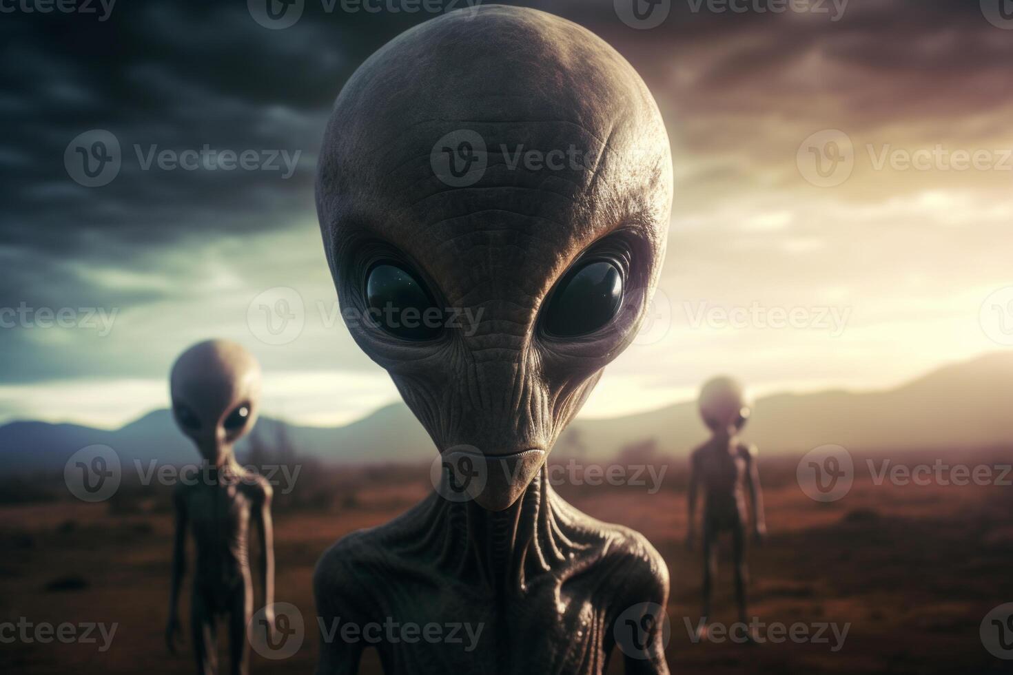 AI generated aliens and flying saucers Generative AI photo